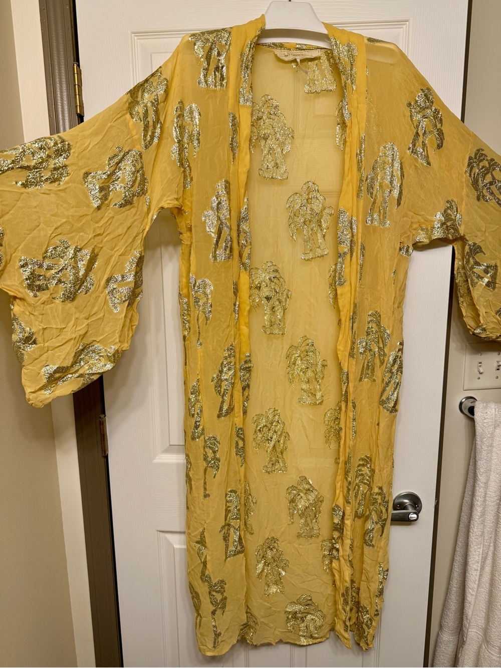 Jen's Pirate Booty Free People Shaman Duster Kimono Caftan Gold Lamé Palm Tree